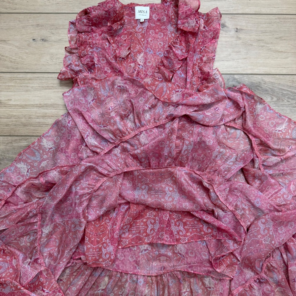MISA Los Angeles Natasha Dress Pink Floral Ruffle Midi High-Low Coquette Large - Picture 3 of 11